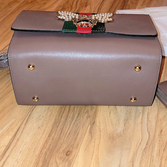 Women's Calin Bee Accent Box Satchel Handbag Purse with Matching Wallet Brown - Picture 6 of 8